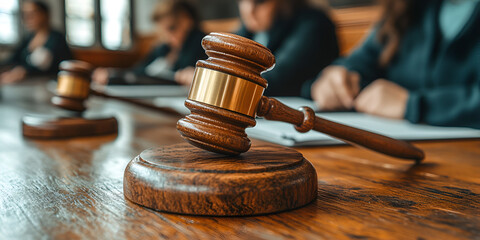 Wooden gavel on courtroom table during formal legal meeting