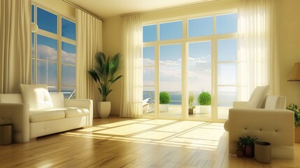 Fototapeta premium Sunlit Coastal Living Room: Modern Beach House Interior Design
