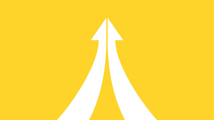 Two curved white half arrows merge into a single upward-pointing arrow on a yellow background