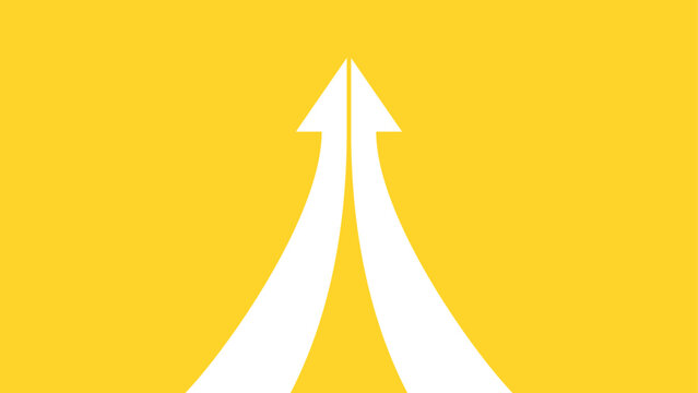 Two curved white half arrows merge into a single upward-pointing arrow on a yellow background