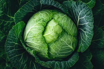 Obraz premium Fresh green cabbage growing in the garden, top view for healthy eating concept