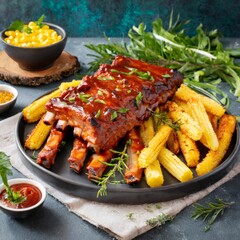 Fototapeta premium Delicious barbecue ribs with grilled corn and herbs