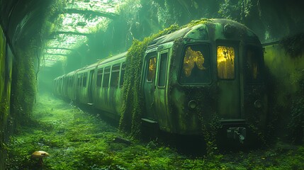 Overgrown train in misty, jungle tunnel, nature reclaiming
