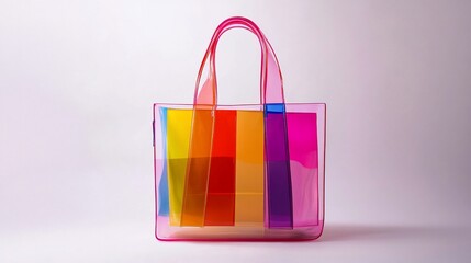 A Transparent Rainbow Tote Bag with vibrant colors stands against a pale background