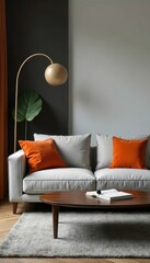 Sleek gray sofa, orange accent pillows, modern coffee table, furniture, lines, design