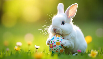  a close up of a bunny with an egg, cute anthropomorphic bunny, Easter Bunny with eggs, Easter celebration concept in cartoon style, Happy Easter 2025, created with generative aiphotography, horizonta