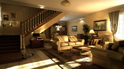 Fototapeta premium Sunlit Living Room Interior Design: Warm Hues and Classic Elegance