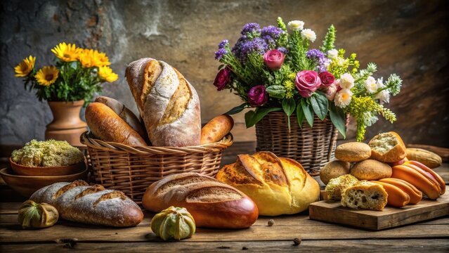 A rustic still life featuring an assortment of freshly baked bread loaves, rolls, and pastries displayed in wicker baskets alongside vibrant bouquets of wildflowers on a weathered wooden table.