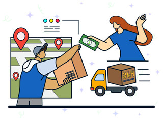 Cash on delivery concept. COD services, collect on demand, sale goods by mail order, full payment in cash, return to retailer, post office delivery, cargo package, fast delivery. 