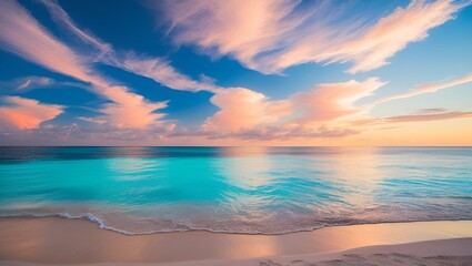 The sky is filled with clouds and the ocean is calm. The sun is setting, creating a beautiful and serene atmosphere
