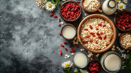 Healthy breakfast with oats, goji berries, and milk surrounded by flowers on a rustic table. Generative AI