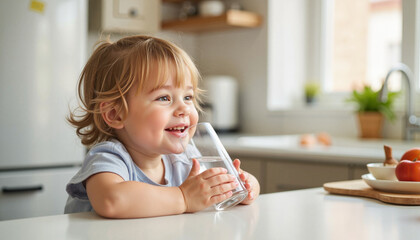 Joyful child drinking clean water in a bright kitchen, hydration awareness