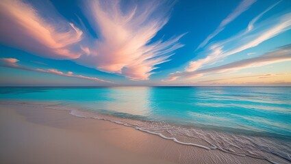 Beautiful beach scene with a blue ocean and a pink and white sky. The sky is filled with clouds, creating a serene and peaceful atmosphere. The water is calm, and the beach is empty