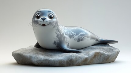 Obraz premium A 3D cartoon seal with big eyes and a playful pose, lounging on a rock on a white background