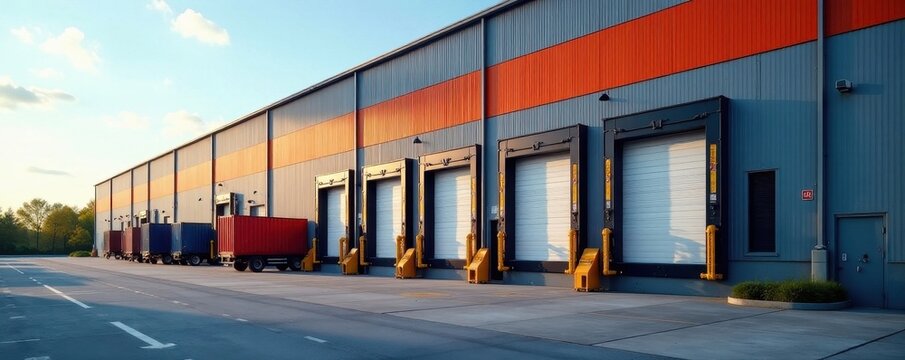 Exterior view of large industrial warehouse with loading docks, industry, cargo, structure