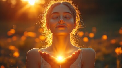 Young woman with closed eyes enjoying sunlight, holding glowing light in hands. Warm golden tones, nature background. Concept of peace