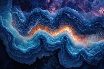 Obraz premium Abstract cosmic landscape with layered, wavy textures in shades of blue and orange, resembling a nebula or deep ocean.
