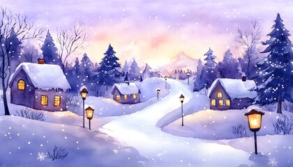 Watercolor winter village scene featuring snow covered houses and trees