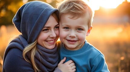 Young boy and a woman are smiling at the camera. The woman is wearing a blue hat and the boy is wearing a blue shirt