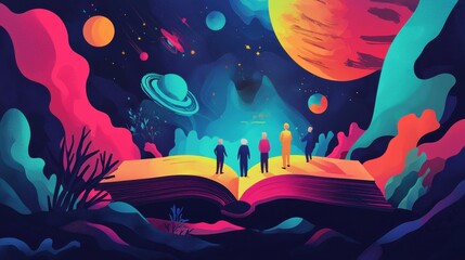Dreamy Cosmic Landscape with Book and Silhouetted Figures