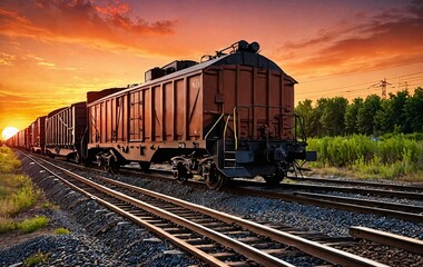 Fototapeta premium A train, seen from the rear of a freight car, moves along the tracks against a sunset background