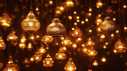 Fototapeta premium Golden Hanging Lanterns Illuminate Festive Night