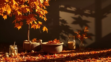 Scene of autumn leaves on the ground with a tree in the foreground. The leaves are scattered around a table with a vase and a bowl of leaves