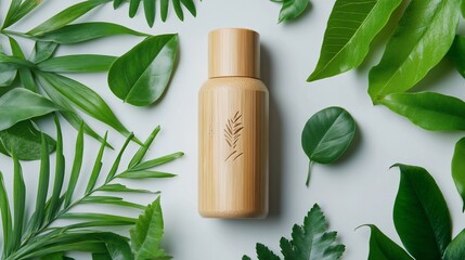 A bamboo container surrounded by various green leaves on a white background