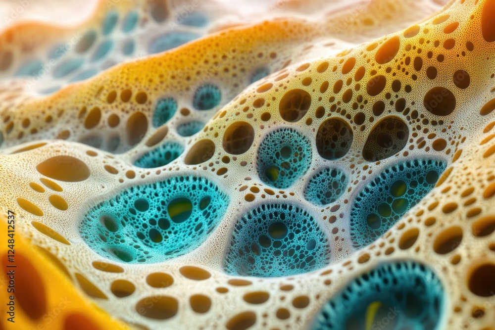 Fototapete abstract 3d rendering of a porous, undulating surface with teal and gold hues, resembling a complex 
