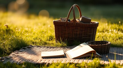 Basket of books and a hat is on a blanket in a grassy field. The basket is filled with books and a hat, and the scene is peaceful and relaxing