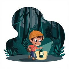a boy with a lantern walking in a dark forest at night.  The illustration is done in a cartoon style.
