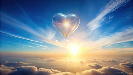 Fototapeta premium A translucent heart-shaped balloon ascends into a vibrant sunset sky, floating serenely above a boundless expanse of fluffy clouds, a breathtaking symbol of hope and dreams.