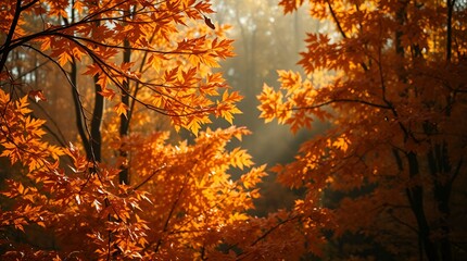Tree with bright orange and yellow leaves, which are scattered throughout the branches. The tree is located in a wooded area, surrounded by other trees and foliage