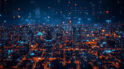 Fototapeta premium Futuristic Holographic Cityscape View from Above with Neon Lights and Digital Elements in a High-Quality Gigapixel Format