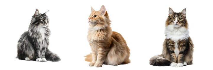 Fototapeta premium Longhair cat set isolated on transparent background. Generated AI
