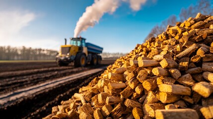 Obraz premium Yellow Tractor Hauling Wood Pellets in Field