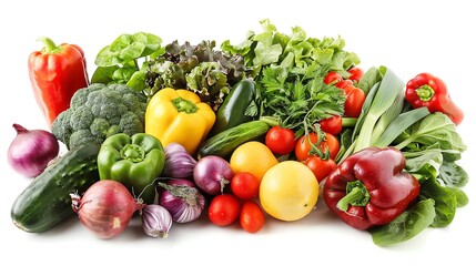 A group of fresh vegetables on a white background.