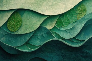 Obraz premium Abstract art depicting layered green leaves forming wave-like patterns, creating a serene and natural aesthetic.