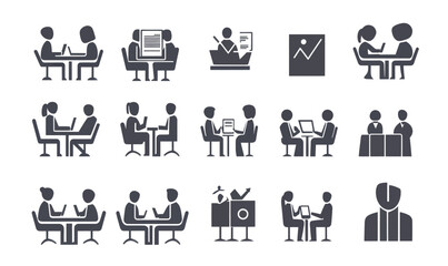 Business Meeting Icons Set: Team Conference, Presentation, Interview Silhouettes