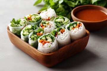 Carefully Crafted Vietnamese Style Spring Rolls Filled with Rice Noodles Fresh Vegetables and Vibrant Colors on a Wooden Serving Plate
