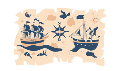 Vintage Nautical Vector Art with Compass and Ship on Antique Marine Map Design