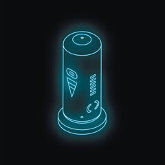 Futuristic neon smart speaker glowing blue in dark room, representing modern technology and voice assistance