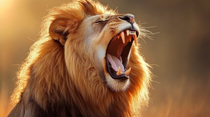 Majestic Lion Roaring on the African Savanna at Sunset