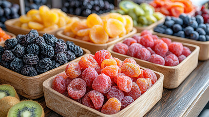 Colorful assorted dried fruits displayed in wooden trays at a market during daytime. Generative AI