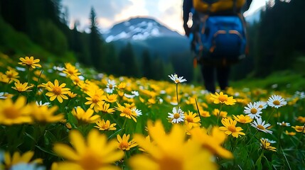 Yellow Wildflowers Meadow Hike Backpack Mountains