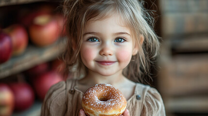 Naklejka premium Little girl enjoys a sweet donut in a cozy apple orchard during fall harvest season. Generative AI