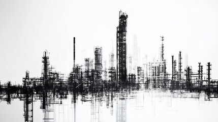 Obraz premium Black and white architectural illustration of an industrial complex on white background