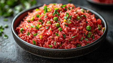 Vibrant red rice dish garnished with fresh herbs and peas served in a textured bowl on a dark surface. Generative AI