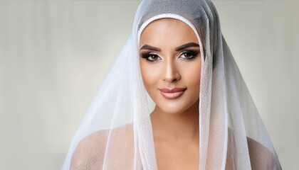 Fototapeta premium Generated image Woman Muslim bride model with white veil and beautiful makeup background wallpaper