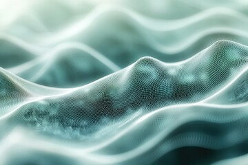 Abstract teal wave mesh background, digital landscape of interconnected nodes forming flowing hills.